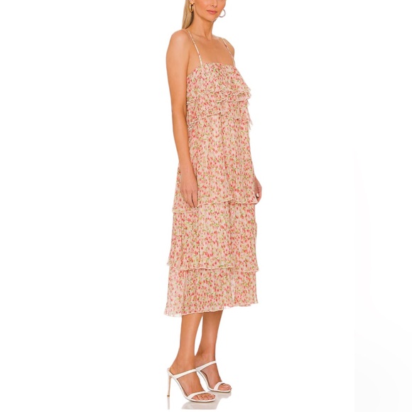 Something Navy Floral Tiered Pleated Spaghetti Strap Midi Dress Cream Pink S NWT - Picture 2 of 16